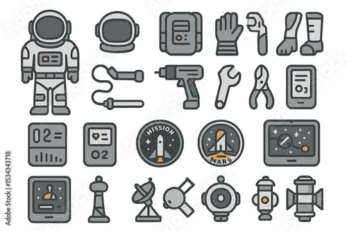 Vector icons of astronaut gear, tools, and Mars exploration symbols
