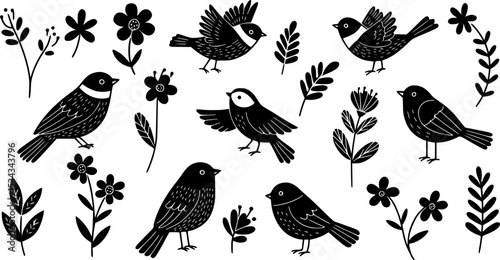 Vector illustration in simple hand drawn naive and linocut style - natural print, poster or logo design template - spring illustration - birds
