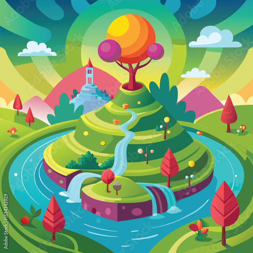 vibrant hilltop with circular river and fantasy tree.