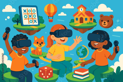 Children using VR headsets and controllers in a playful virtual school world