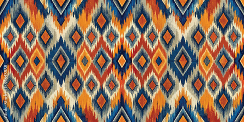 Vibrant geometric pattern in blue, orange, and cream tones, perfect for textiles.