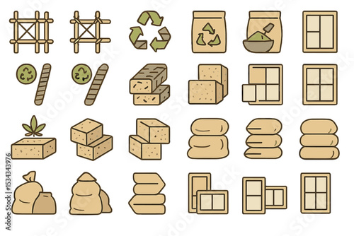 Icons of sustainable building materials and eco construction elements