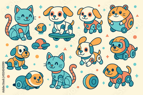 Seamless pattern of adorable robotic cats, dogs, and hamsters in pastel colors