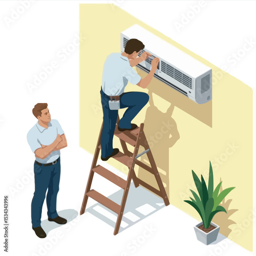 Isometric H V A C Technician Repairing Air Conditioner on Ladder Colleague Observing 1