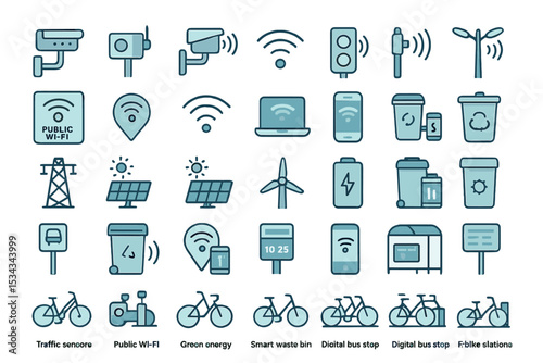 Smart city icon set with public Wi-Fi, green energy, and mobility