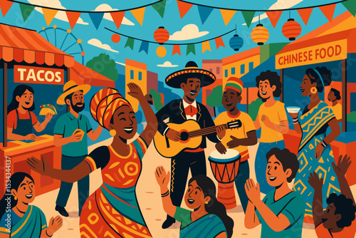 Lively cultural festival with music, dance, and international food stalls