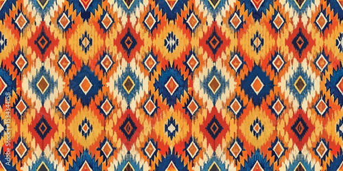 Vibrant geometric pattern in orange, blue, and cream tones.