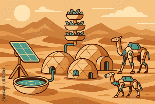 Solar-powered desert camp with robot camels and vertical gardens