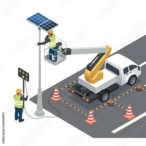 Isometric Illustration Workers Installing Solar Panel Streetlight 1