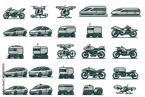 Icon set of futuristic vehicles including drones, EVs, and robots