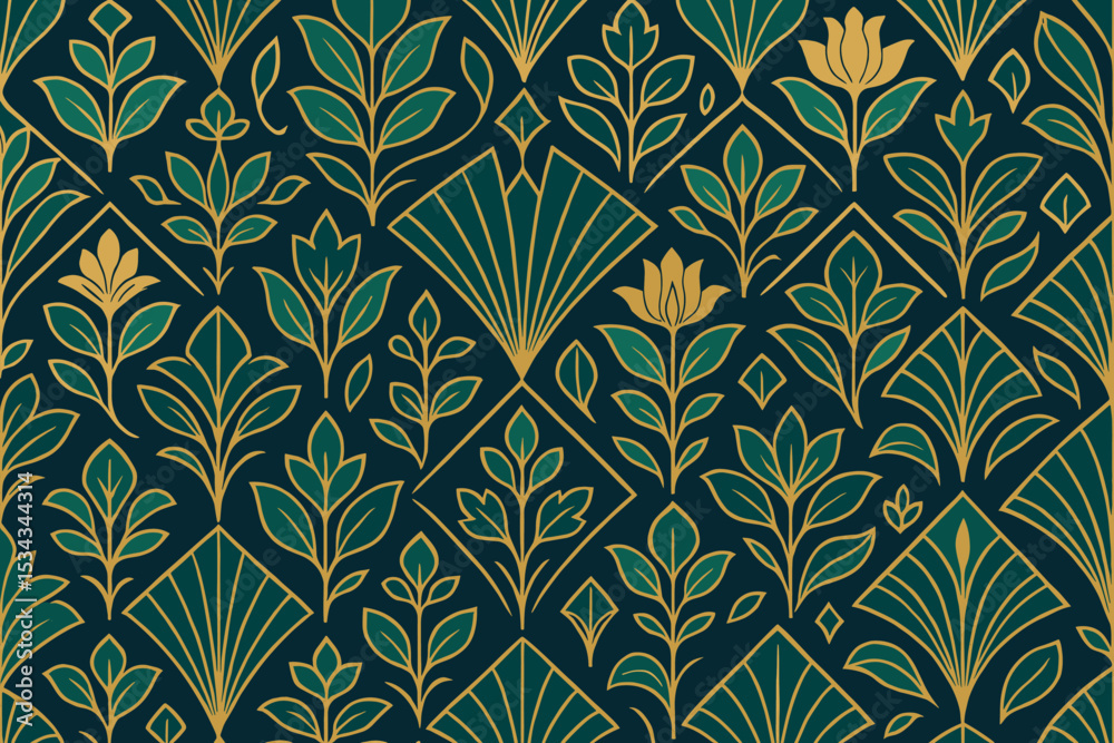 Art deco floral pattern with gold linework and geometric leaf motifs