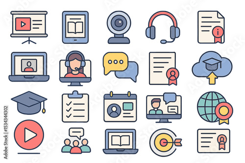 Colorful flat icons representing digital education and online learning