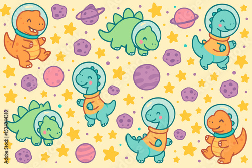 Adorable space dinosaurs floating among stars, planets, and asteroids