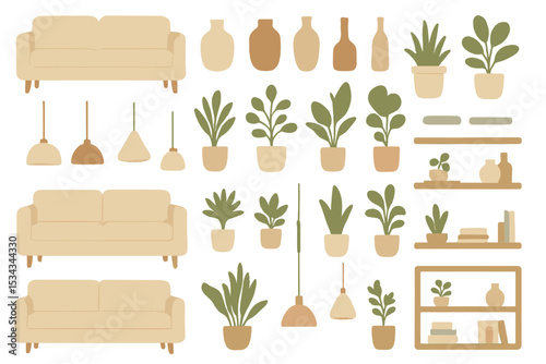 Neutral-toned interior decor icon set with sofas, plants, and shelves