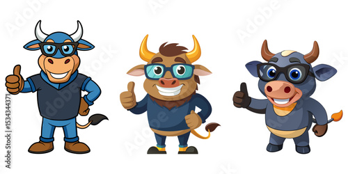 funny Bull wearing sunglasses gives a smiling thumbs-up in a vibrant, detailed 3D cartoon render, showing approval
