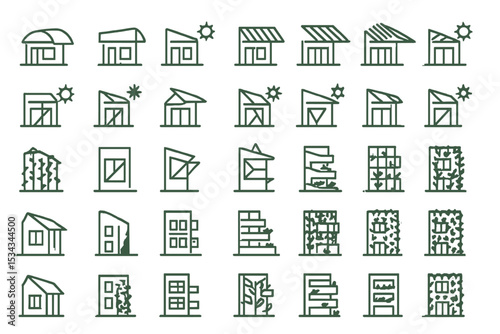 Icon set of sustainable architecture featuring solar homes and green facades