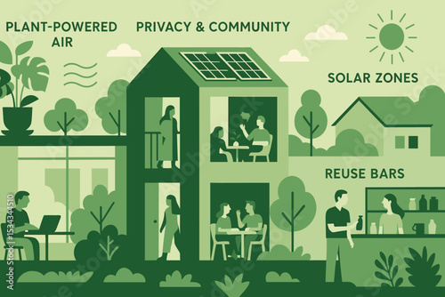 Sustainable living illustration with solar zones, reuse bars, and shared green spaces