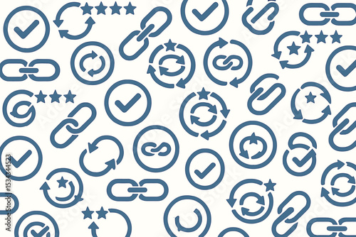 Seamless pattern of update, link, and approval icons in blue on white