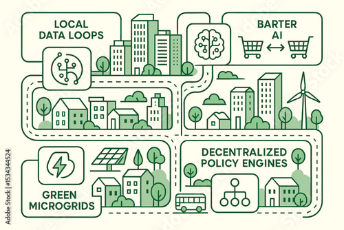 Illustration of a smart green city with AI barter and microgrids
