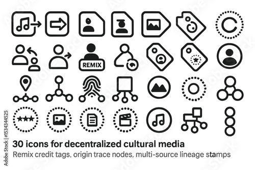 Set of icons for decentralized media, remix credit tags and content lineage
