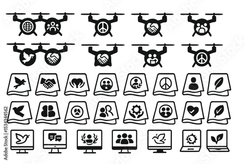 Icon set featuring drones, peace symbols, and digital unity graphics