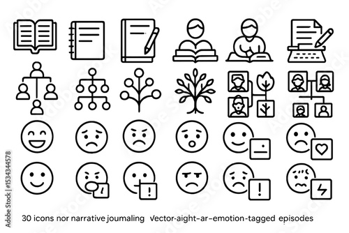 Set of icons for journaling, emotion tracking, and family trees