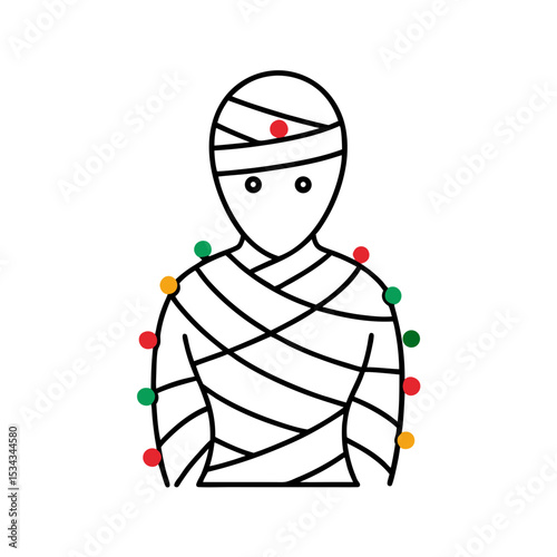 Mummy wrapped in Christmas lights with line art
