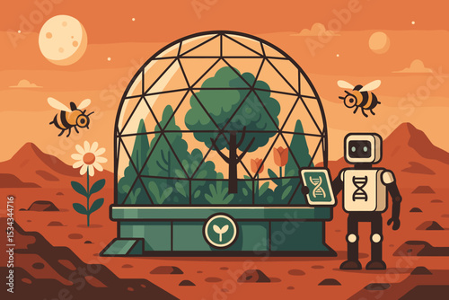 Robot monitoring DNA in Mars greenhouse with bees and dome garden
