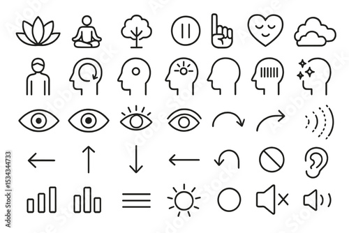 Black line icon set for mindfulness, awareness, and sensory focus