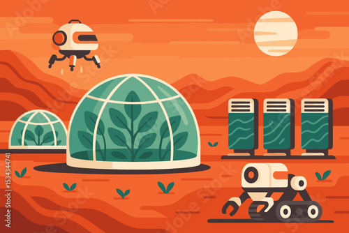 Futuristic greenhouse farming with robots on Mars landscape