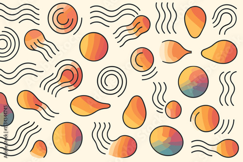 Seamless abstract pattern with gradient blobs and flowing line accents