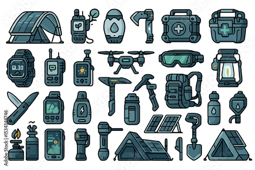 Set of survival and camping gear icons for emergency preparedness