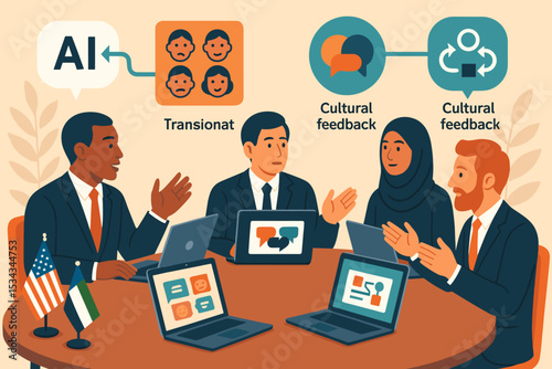 AI-enabled multicultural team discussing feedback in a business meeting