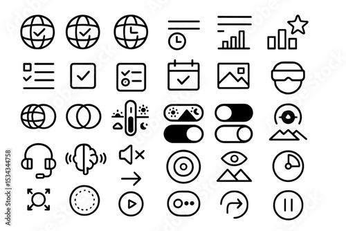 Black UI icon set featuring toggles, stats, media, and global elements