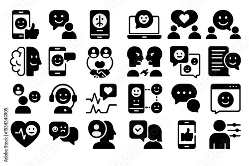 Black and white icon set for emotional support, mental health, and mood tracking