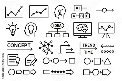 Minimal icon set for AI workflows, innovation concepts, and process trends