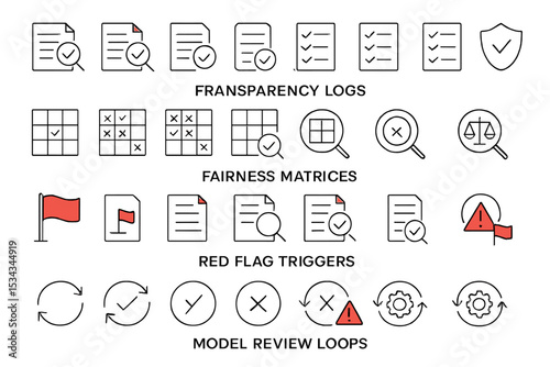 Labeled icon set for AI audits, fairness checks, alerts, and model reviews