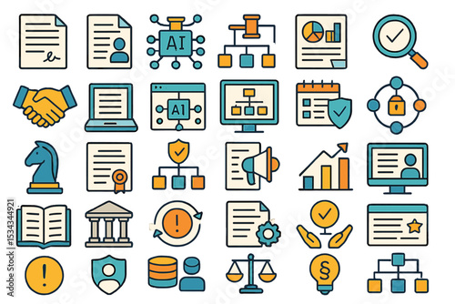 Colorful AI governance and data compliance icon set with legal themes
