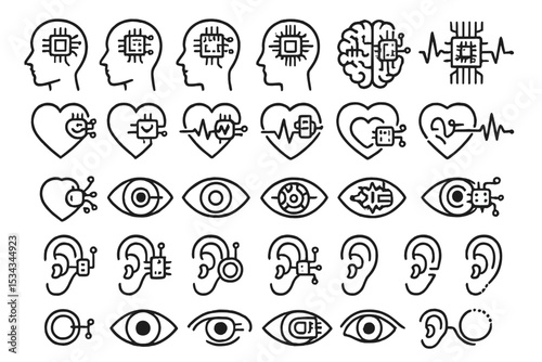 Minimalist line icons of sensory and neural implants in human figures