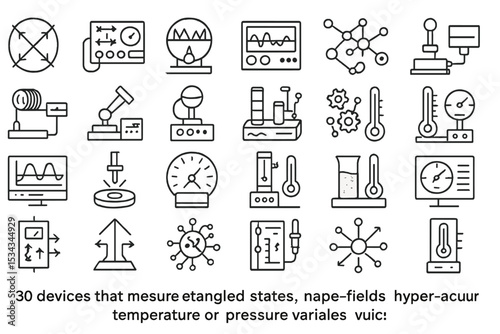 Line icons of futuristic scientific instruments for lab and physics analysis