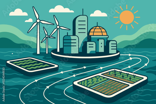 Eco-friendly floating city with wind turbines and aquatic farms