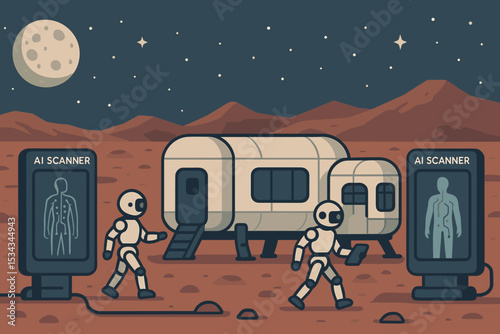 AI health scanners with humanoid robots on a Mars base at night