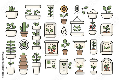 Icon set of indoor gardening, planters, and smart plant care