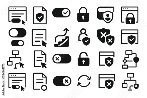 Dark UI security and privacy icon set with toggle switches and shields