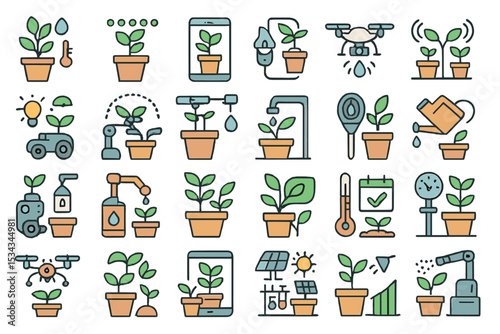 Icon set of smart plant care tools including sensors, drones, and automated irrigation
