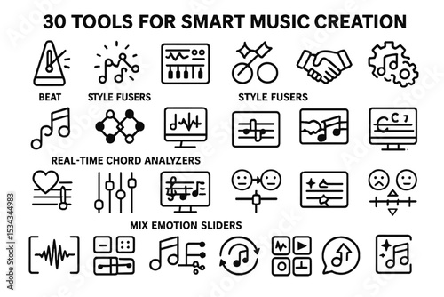 Icon set of AI-powered tools for smart music creation including beats, chords, and emotion sliders