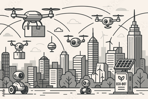 Futuristic eco-city with delivery drones, ground robots, and solar-powered eco-bot station