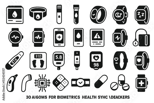 Bold black-and-white icon set for biometric tracking, health tech, and medical wearables