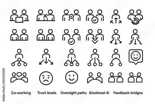 Minimalist black icons depicting co-working, trust levels, and emotional feedback