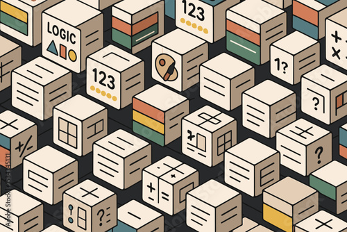 Seamless pattern of logic puzzle cubes with numbers and symbols